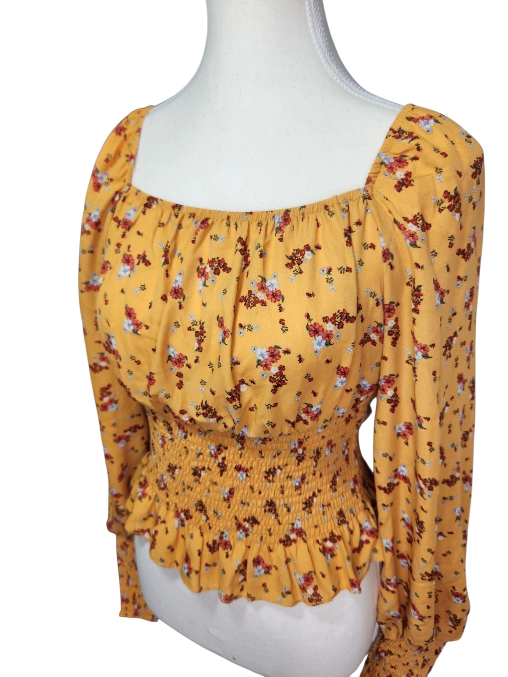 Ultra Flirt Floral Smocked Peplum Peasant Top Yellow Long Sleeve Square Neck S - Picture 2 of 13